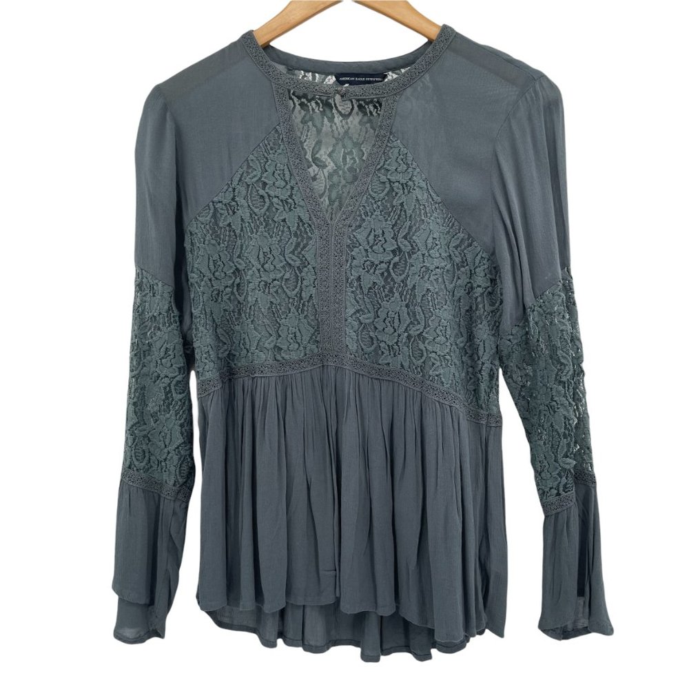 American Eagle Slate Lace Peplum Keyhole Long Sleeve BOHO Medium Knit Blouse